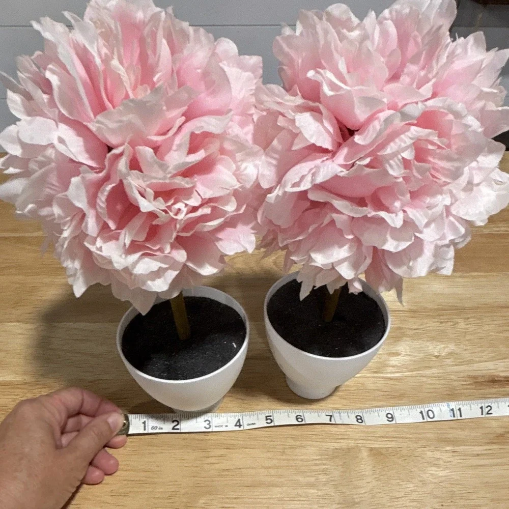 Set of 2 Pink & White Artificial Potted Tree Topiary Flowers w/ White Pots